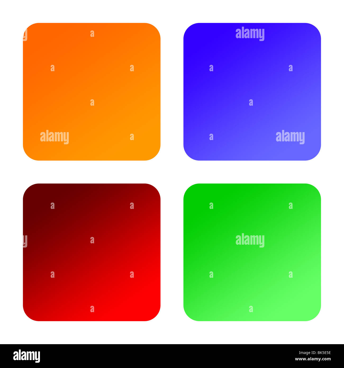 Quattro vuoto etichette quadrato con angoli arrotondati, isolato su sfondo bianco. Foto Stock