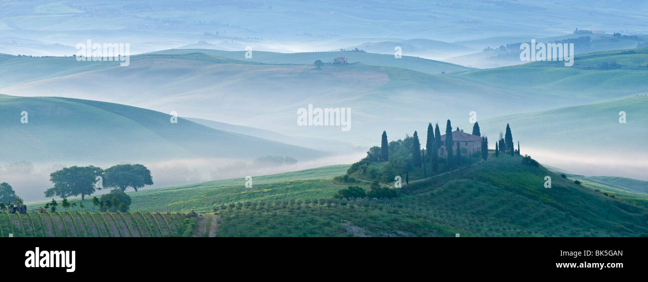 Val d'Orcia mostra Belvedere e colline toscane, Sito Patrimonio Mondiale dell'UNESCO, San Quirico d'Orcia, Toscana, Italia Foto Stock