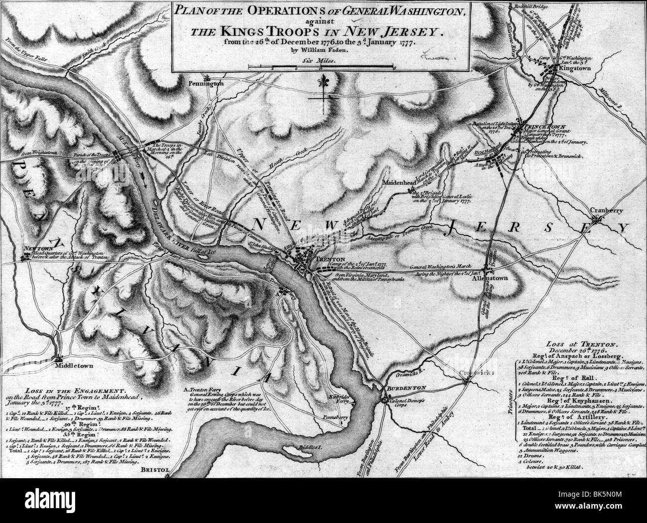 Mappa delle operazioni del generale Washington, contro le truppe di re in New Jersey, dal 26 dicembre 1776 al 3 gennaio 1777 Foto Stock
