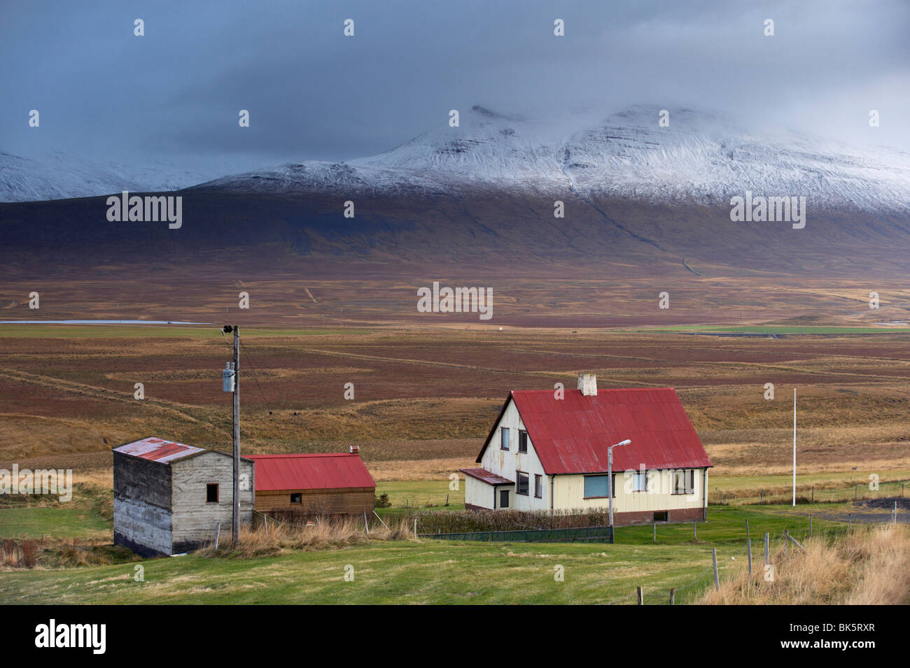 Azienda agricola e il paesaggio nella penisola di Vatsnes, con montagne coperte di neve in ottobre, costa nord dell Islanda Islanda, regioni polari Foto Stock