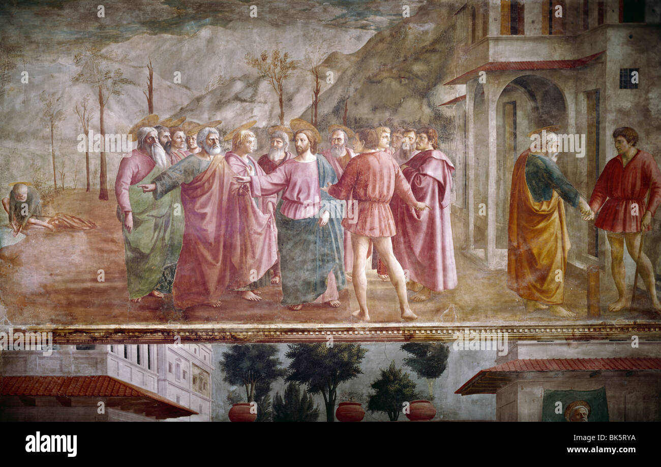 Il pagamento del tributo dalla vita di San Pietro da un ciclo di affreschi di Masaccio 1425-1428 1401-1428 Italia Firenze Santa Maria del Foto Stock