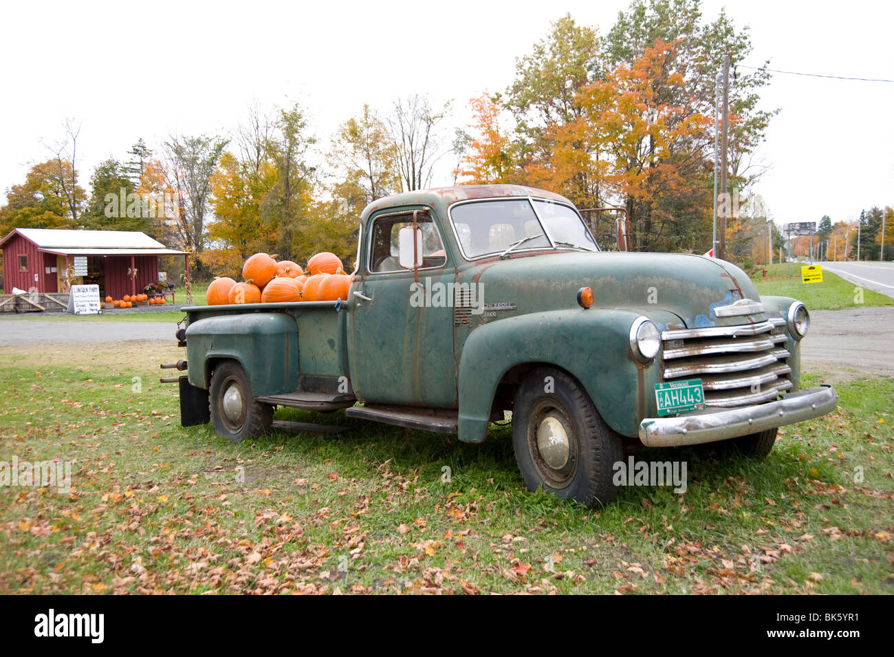 Zucche per la vendita in un vecchio Chevrolet pickup truck ad una bancarella per la strada nel Vermont, New England, STATI UNITI D'AMERICA Foto Stock