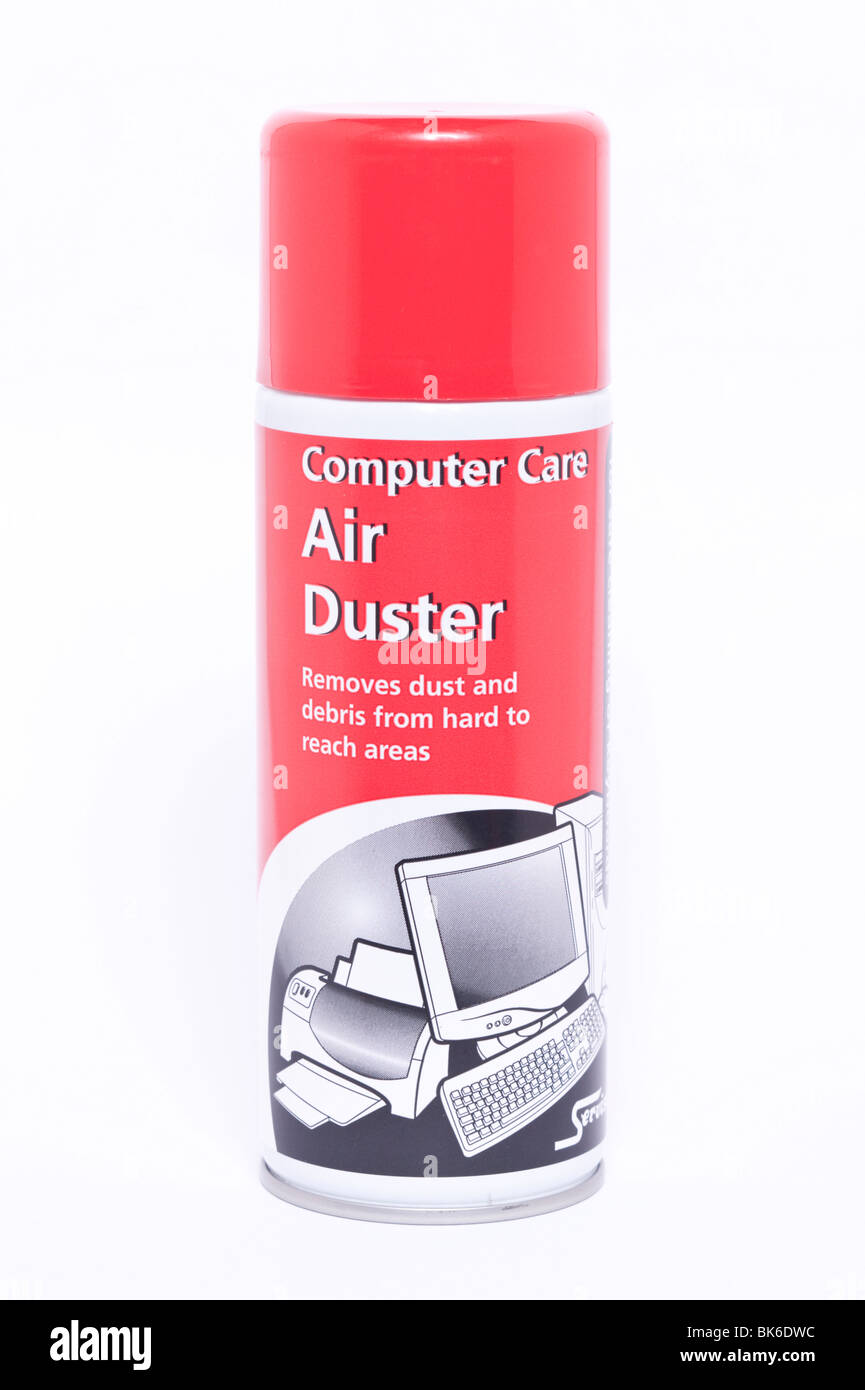 Un può di computer care air duster ( aria compressa ) per la rimozione della polvere su sfondo bianco Foto Stock