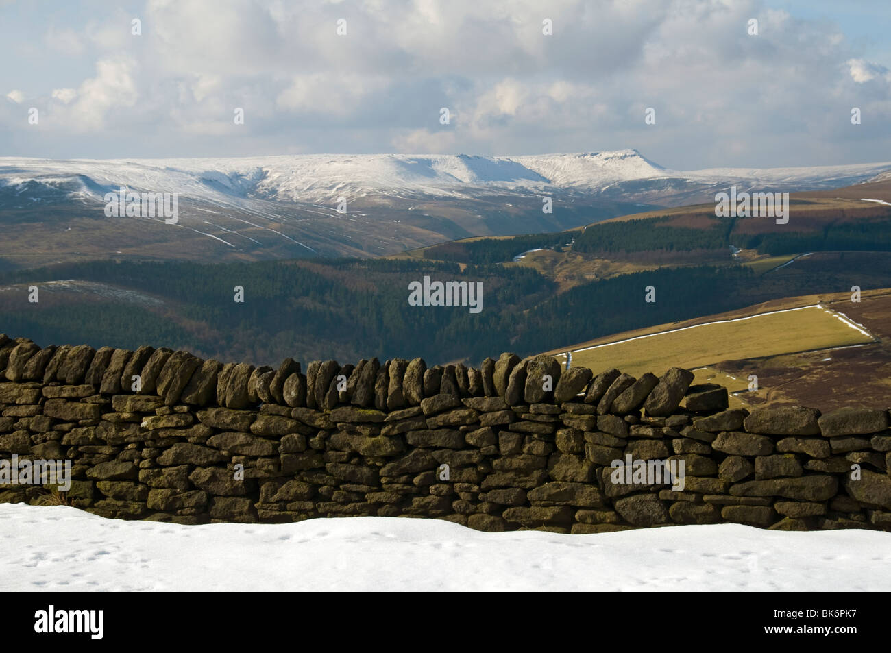 La Kinder Scout plateau da bordo Derwent, Derwent Mori, Peak District, Derbyshire, England, Regno Unito Foto Stock