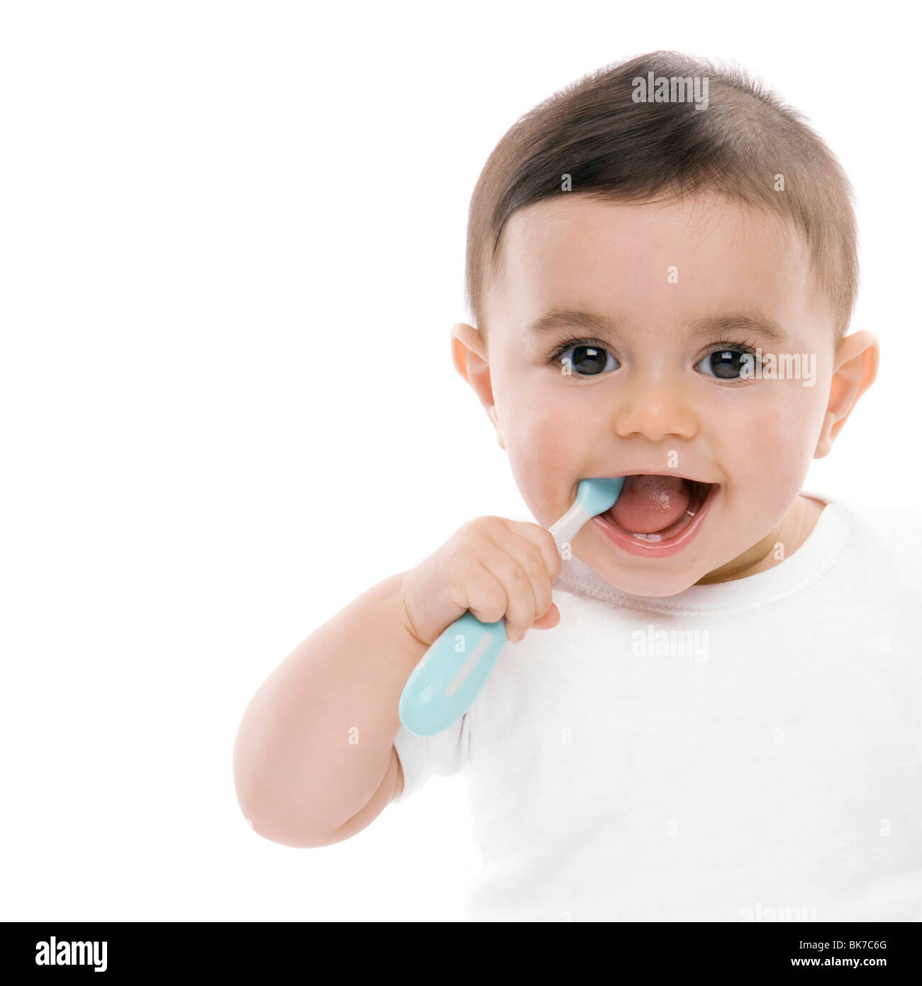 Baby boy con spazzolino da denti Foto Stock