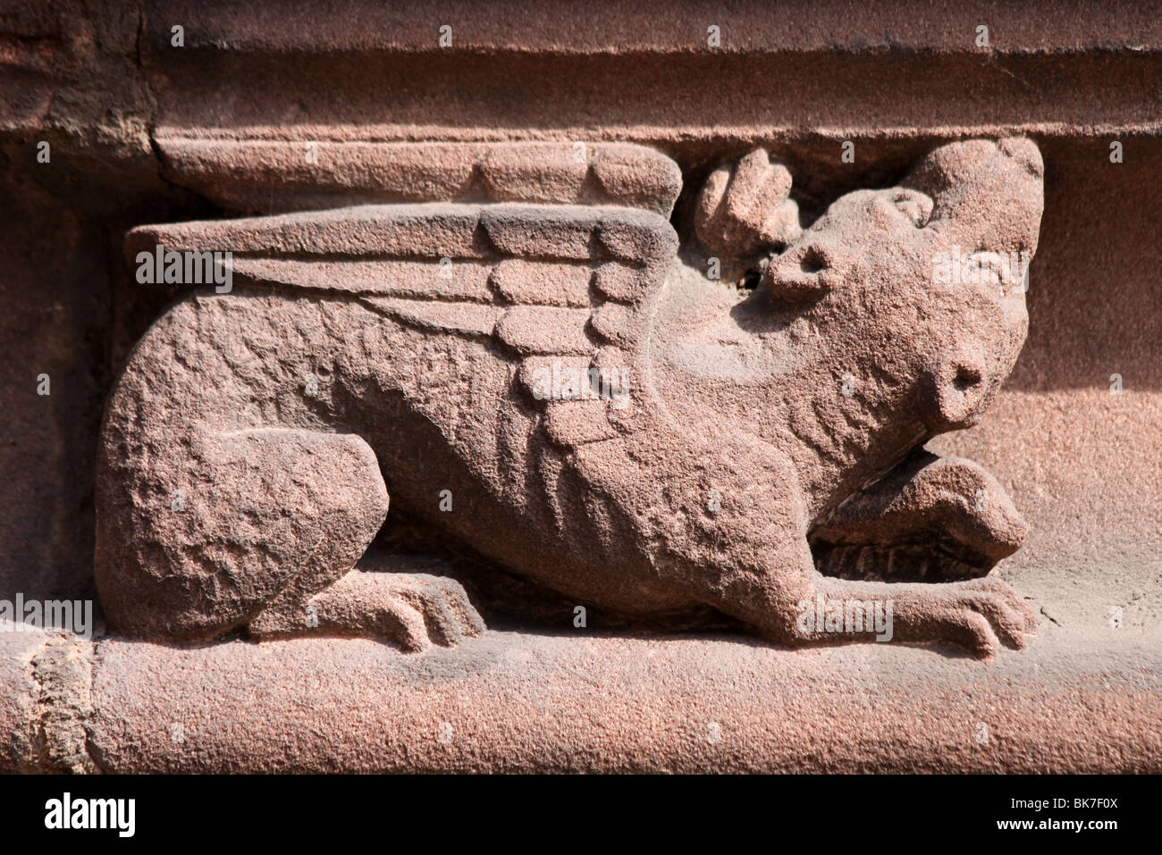 Leone alato Gargoyle a Chester Cathedral, Cheshire, Regno Unito Foto Stock