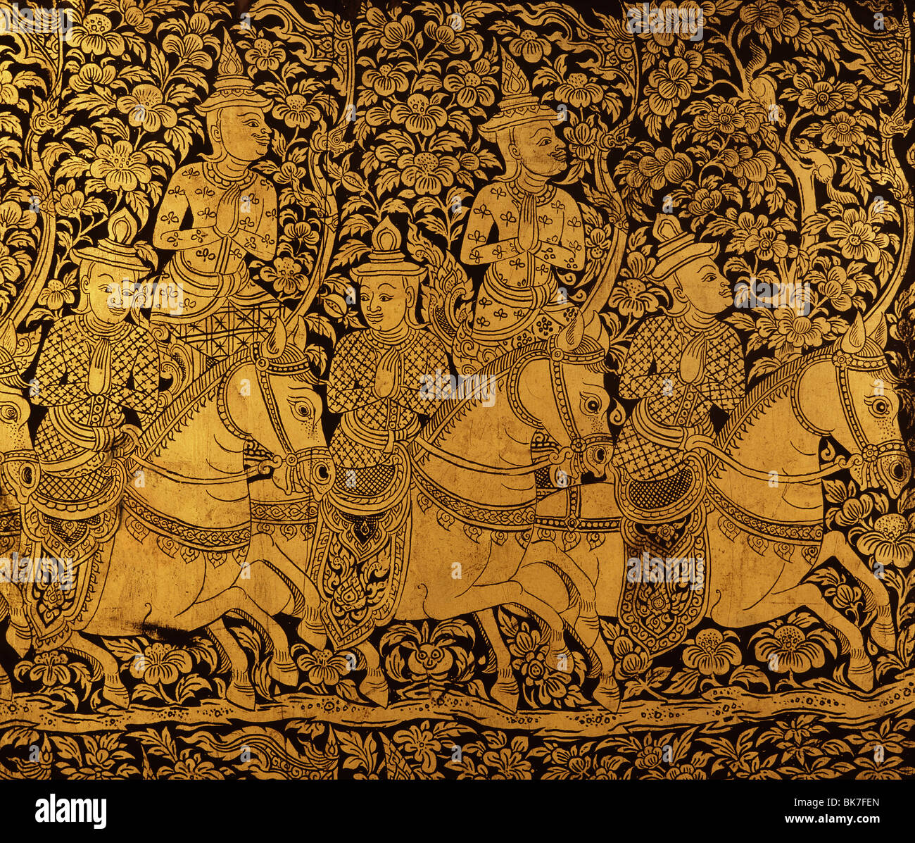 Dettaglio di un armadio laccato con una scena di cavalieri dal tardo periodo Ayutthaya, Thailandia, Sud-est asiatico, in Asia Foto Stock