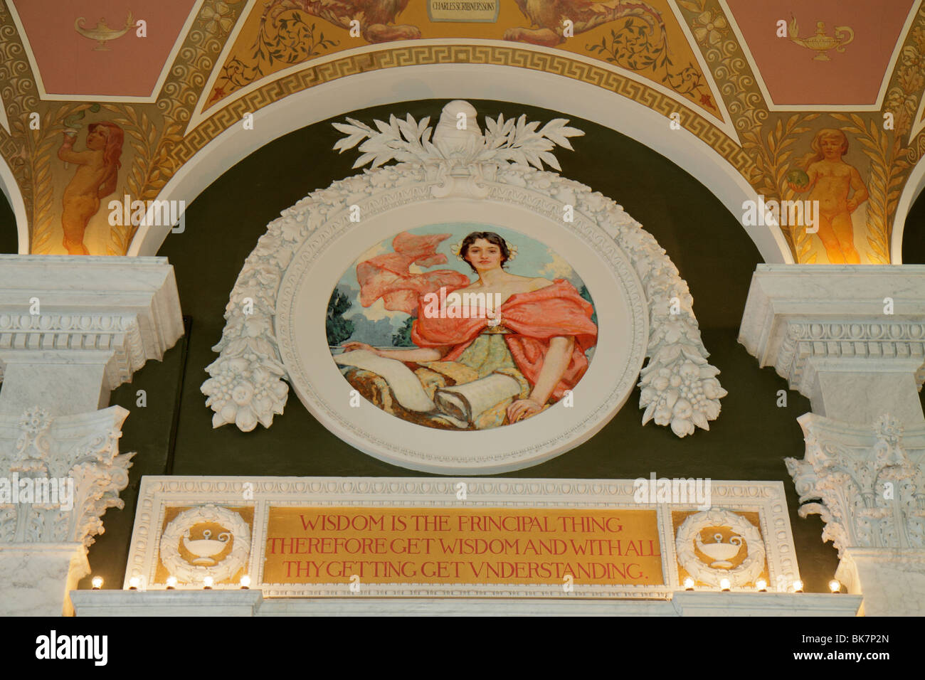 Washington DC, Capitol Hill, Biblioteca del Congresso, edificio Thomas Jefferson, architettura Beaux Arts, Great Hall, ornate, istituzione, pittura che rappresenta U Foto Stock