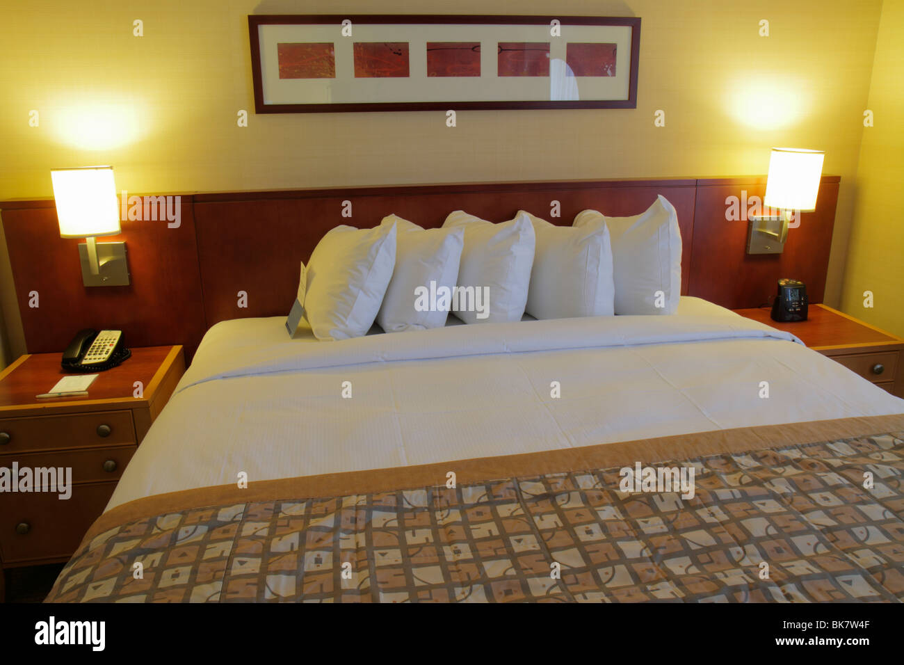 Washington DC, 10th Street NW, Embassy Suites, hotel, camera per gli ospiti, letto king size, biancheria da letto, comodino, lampada, cuscino, sonno, comfort, DC100219003 Foto Stock