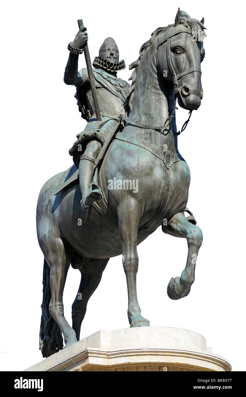 Madrid, Spagna. Plaza Mayor. Statua equestre in bronzo (1616) di Philip (Felipe) III Foto Stock