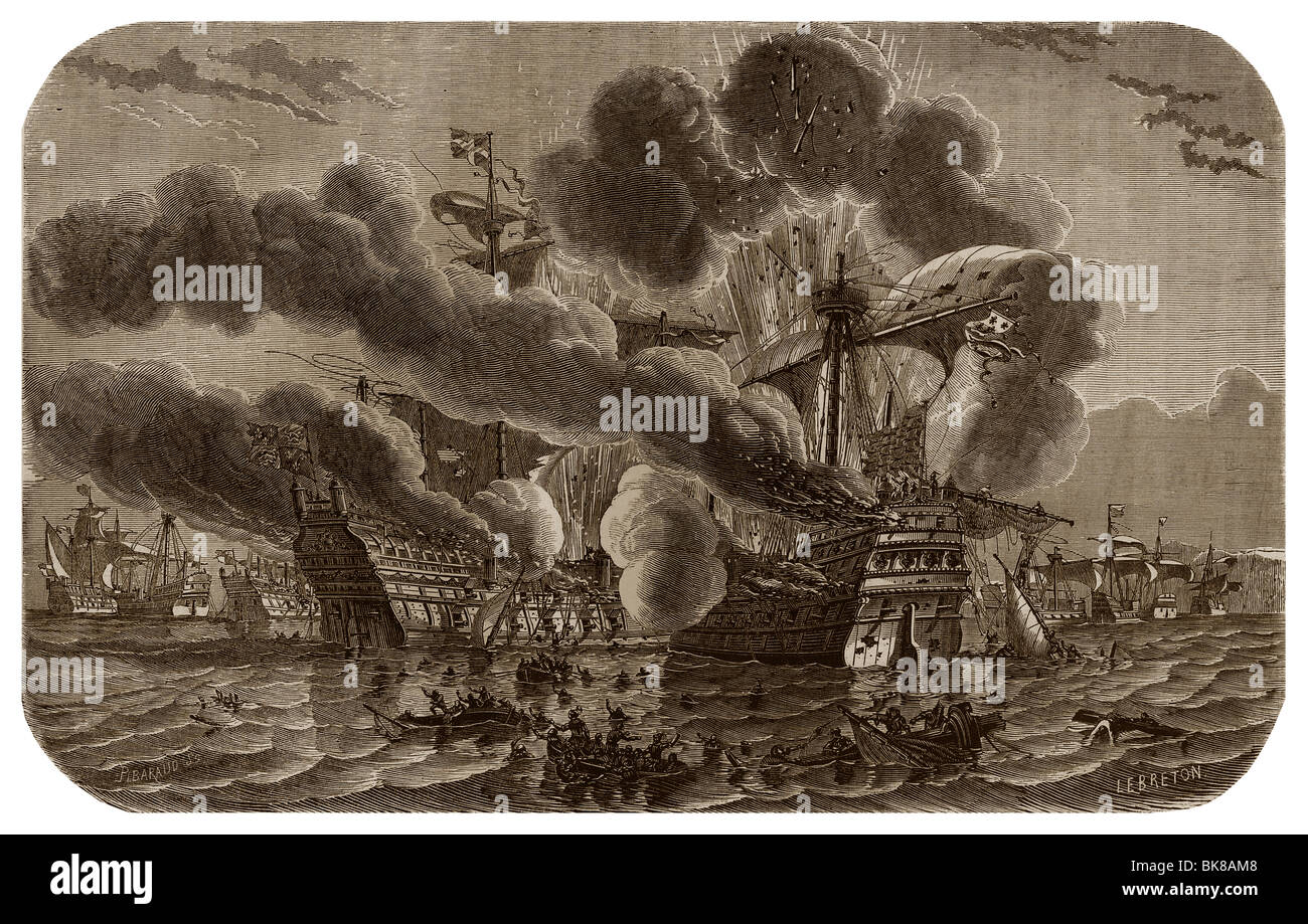 Il 10 agosto 1513, dopo che gli inglesi bruciato la sua nave, Hervé Primoguet bruciato la nave Admiral of England. Foto Stock