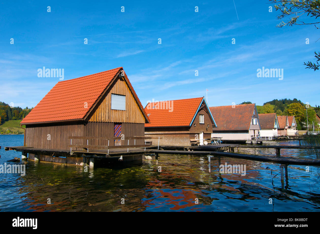 Boathouses in Buehl sul Grosser Alpsee lago, Immenstadt, Allgaeu, Baviera, Germania, Europa Foto Stock