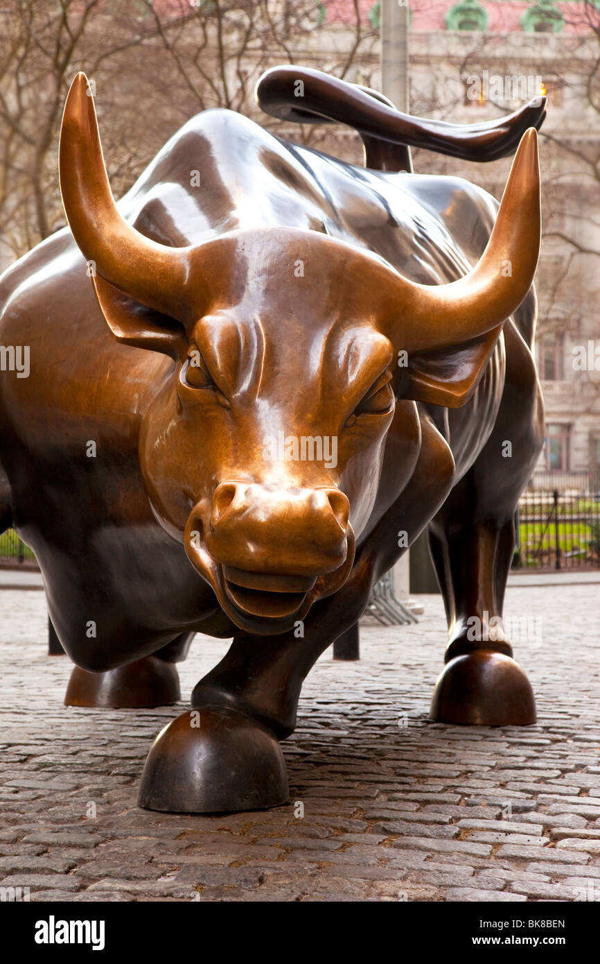 Bronze Wall Street Bull su Broadway in Lower Manhattan, New York City USA Foto Stock