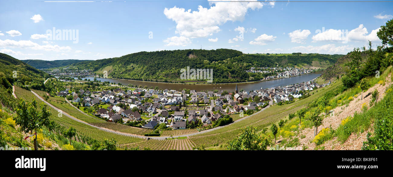 Vista sulla Mosella città di Alken, Rhein-Hunsrueck-Kreis district, Renania-Palatinato, Germania, Europa Foto Stock