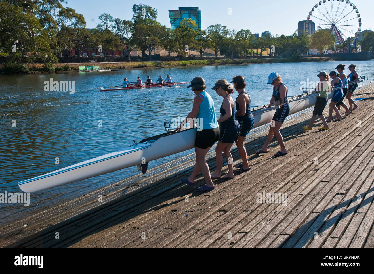 Squadre di canottaggio sul fiume Yarra di Melbourne, Victoria Australia Foto Stock