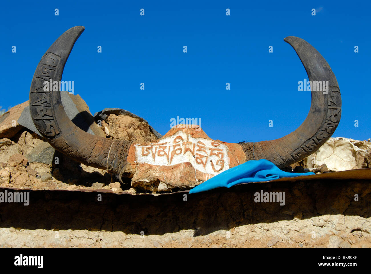 Buddismo tibetano, corna di yak decorate con la scrittura tibetana, il testo sacro, OM MANI PADME HUM, monastero Tashilhunpo, Cestino Foto Stock