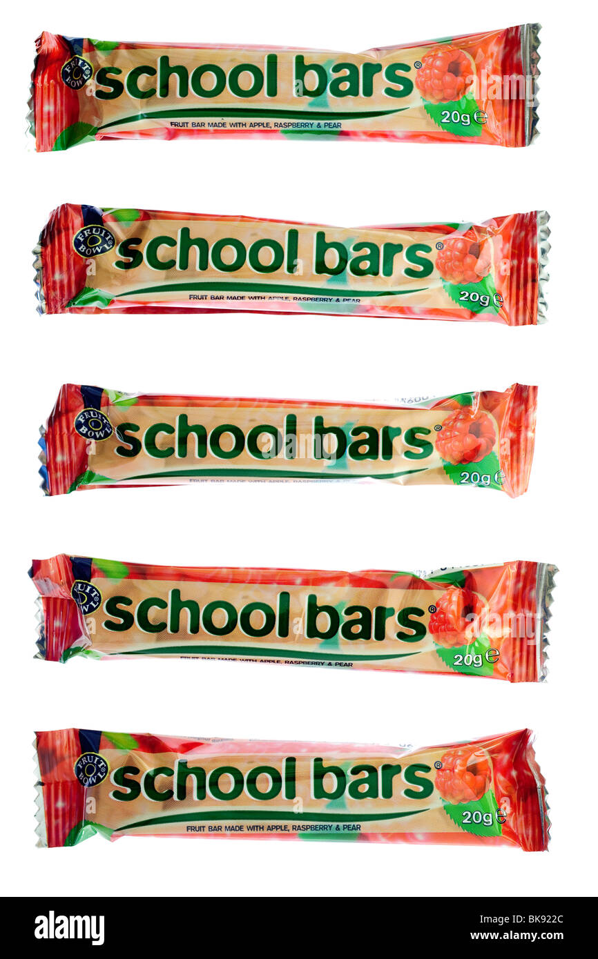 Cinque confezionate singolarmente le barre di ' coppa di frutta " Scuola Bar' gommoso frutta bar Foto Stock