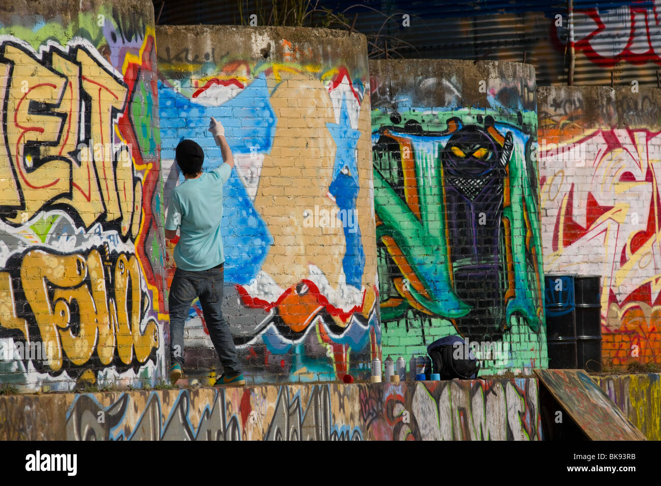 Artista di graffiti tagging vicino i binari della ferrovia, Fiume Quartiere delle Arti di Asheville Carolina del Nord Foto Stock