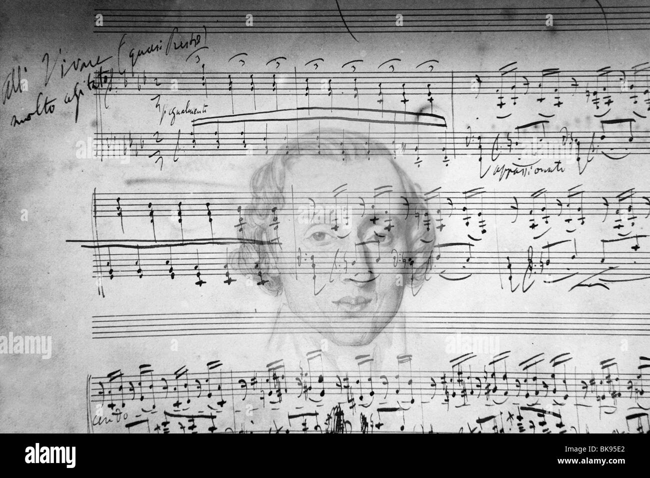 Ritratto di Frederic Chopin e musica originale, Royal Certosa, Mallorca, Spagna Foto Stock