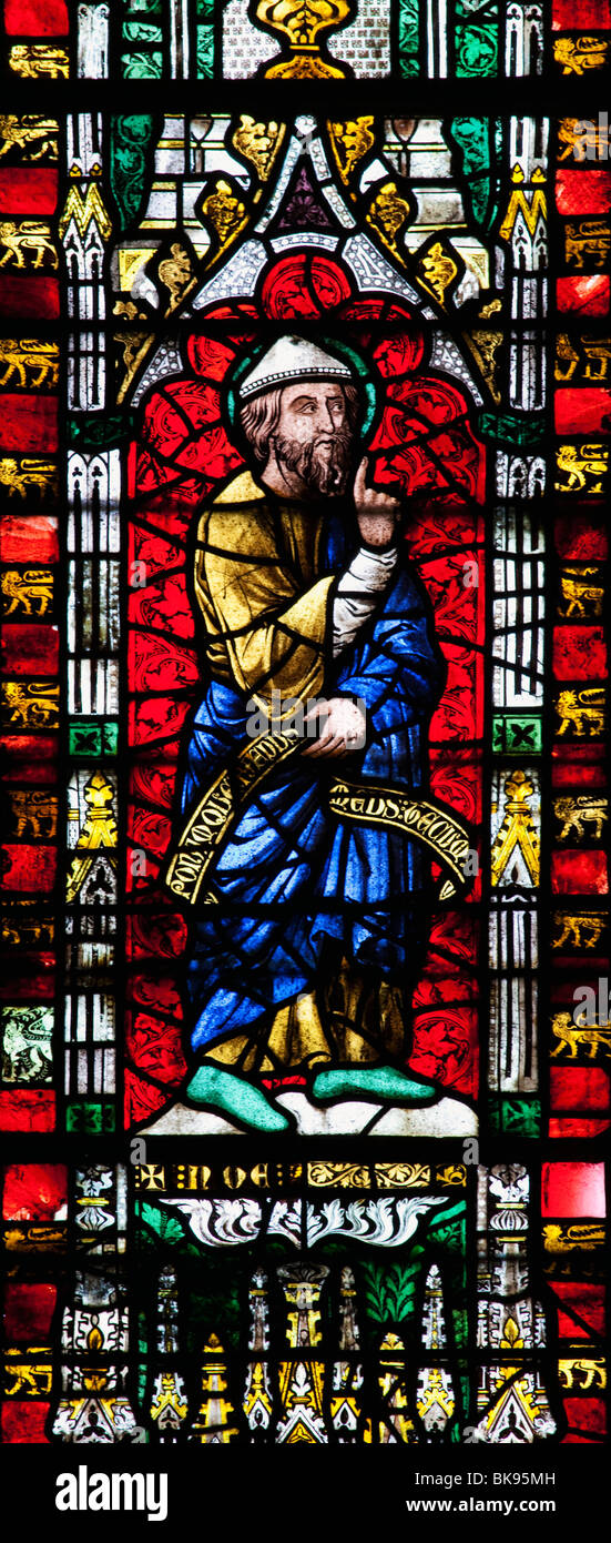 Colorate medievale il pannello di vetro, finestra orientale, Cattedrale di Wells Somerset, Regno Unito Foto Stock