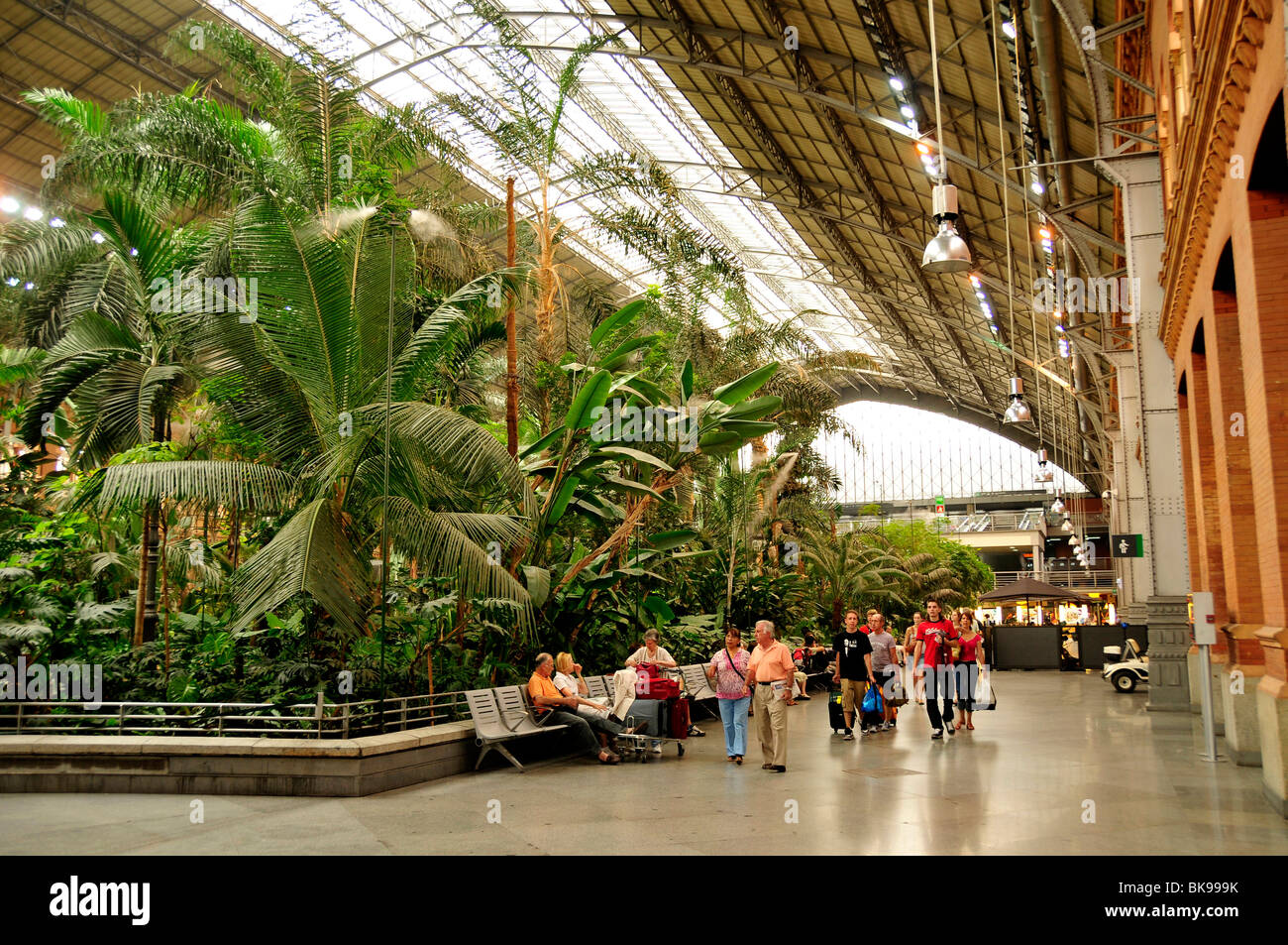 Il giardino delle palme nella stazione ferroviaria di Atocha, Madrid, Spagna, Penisola Iberica, Europa Foto Stock