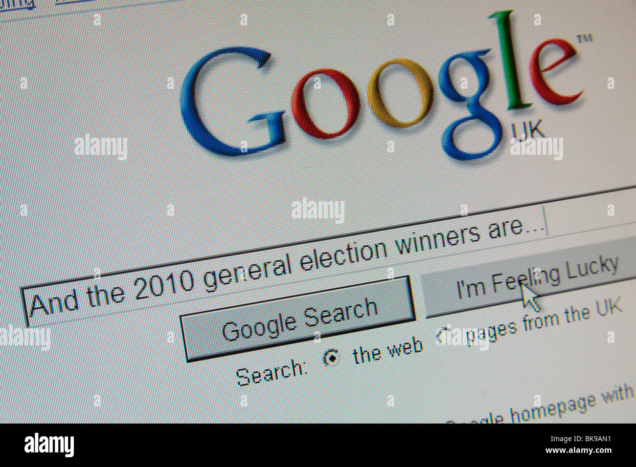 Google Ricerca " e il 2010 elezioni generali i vincitori sono...") con il tasto cursore su "Mi sento fortunato' Foto Stock