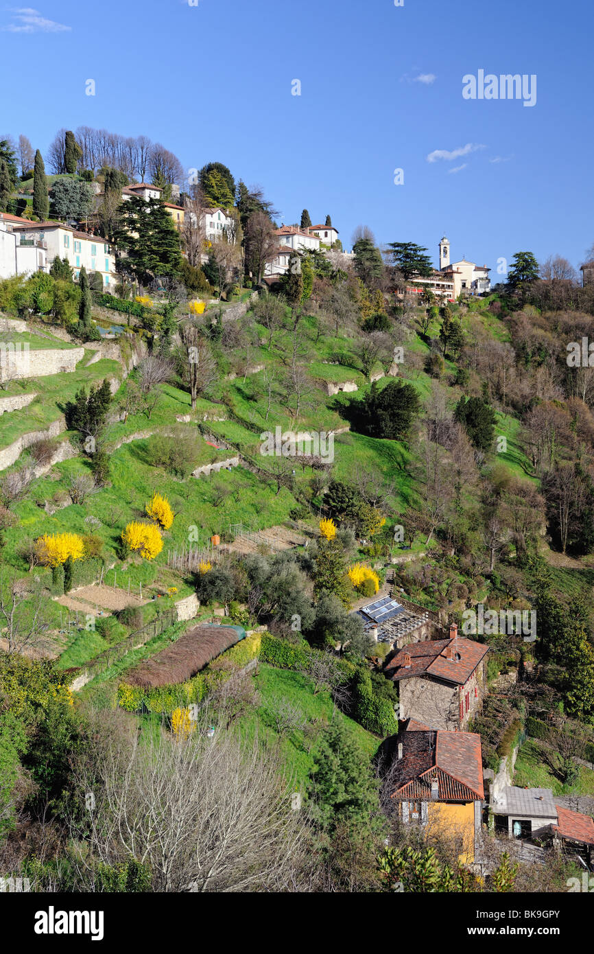 Vista sui giardini terrazzati a San Vigilio, Bergamo, Lombardia, Italia, Europa. Foto Stock