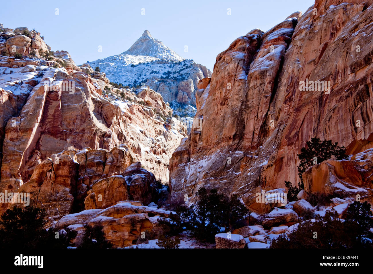 Vista invernale di una delle tante gole che punteggiano il paesaggio del Parco nazionale di Capitol Reef nel sud dello Utah. Foto Stock