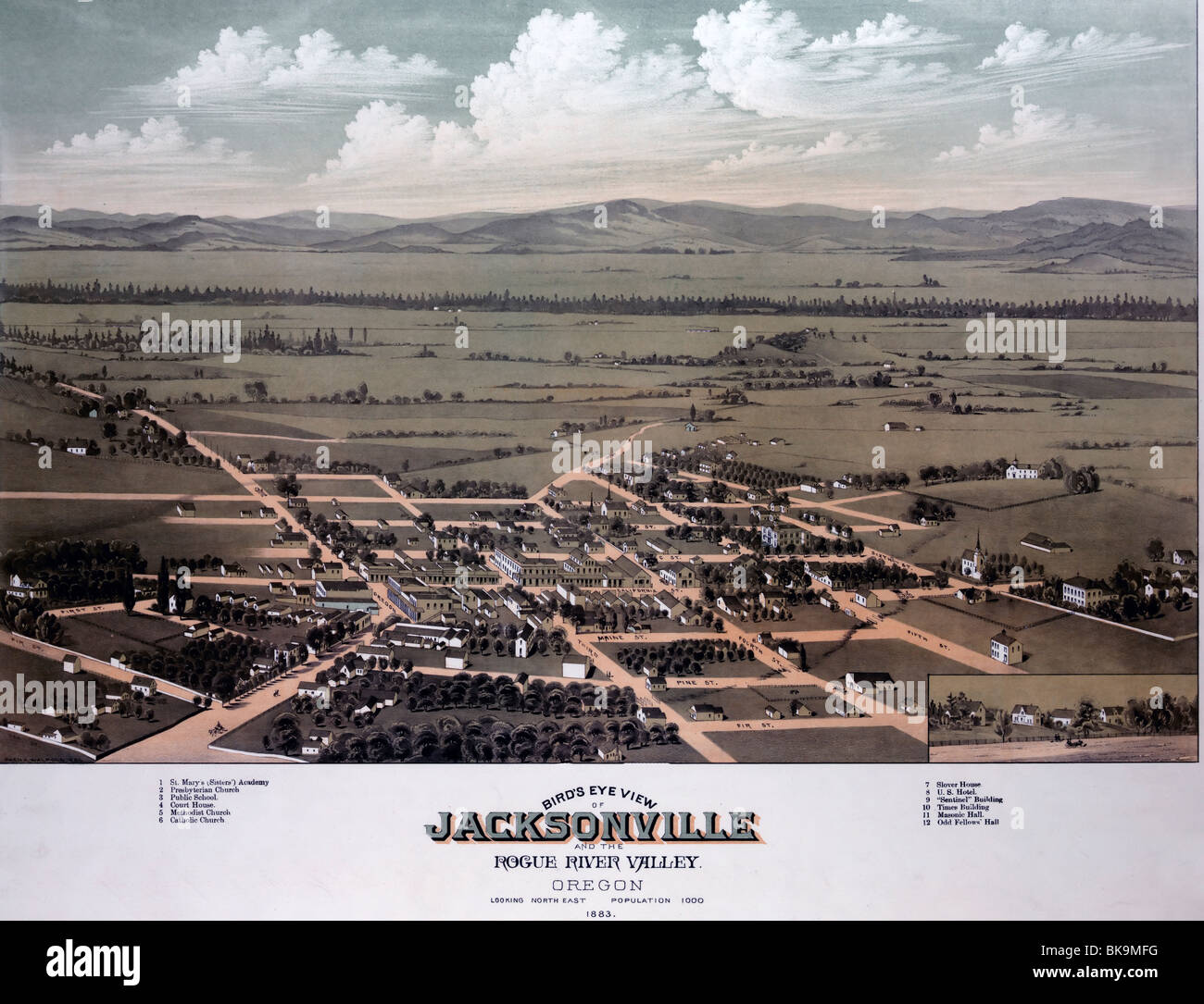 Vista panoramica di Jacksonville e Rogue River Valley, Oregon, 1883 Foto Stock