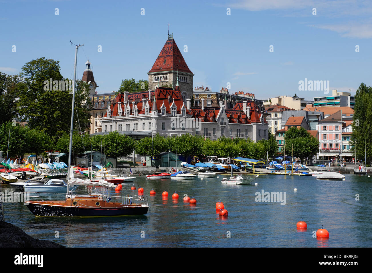 Vista sul lago di Ginevra a Chateau d'Ouchy, Losanna, nel Cantone di Vaud, Svizzera Foto Stock