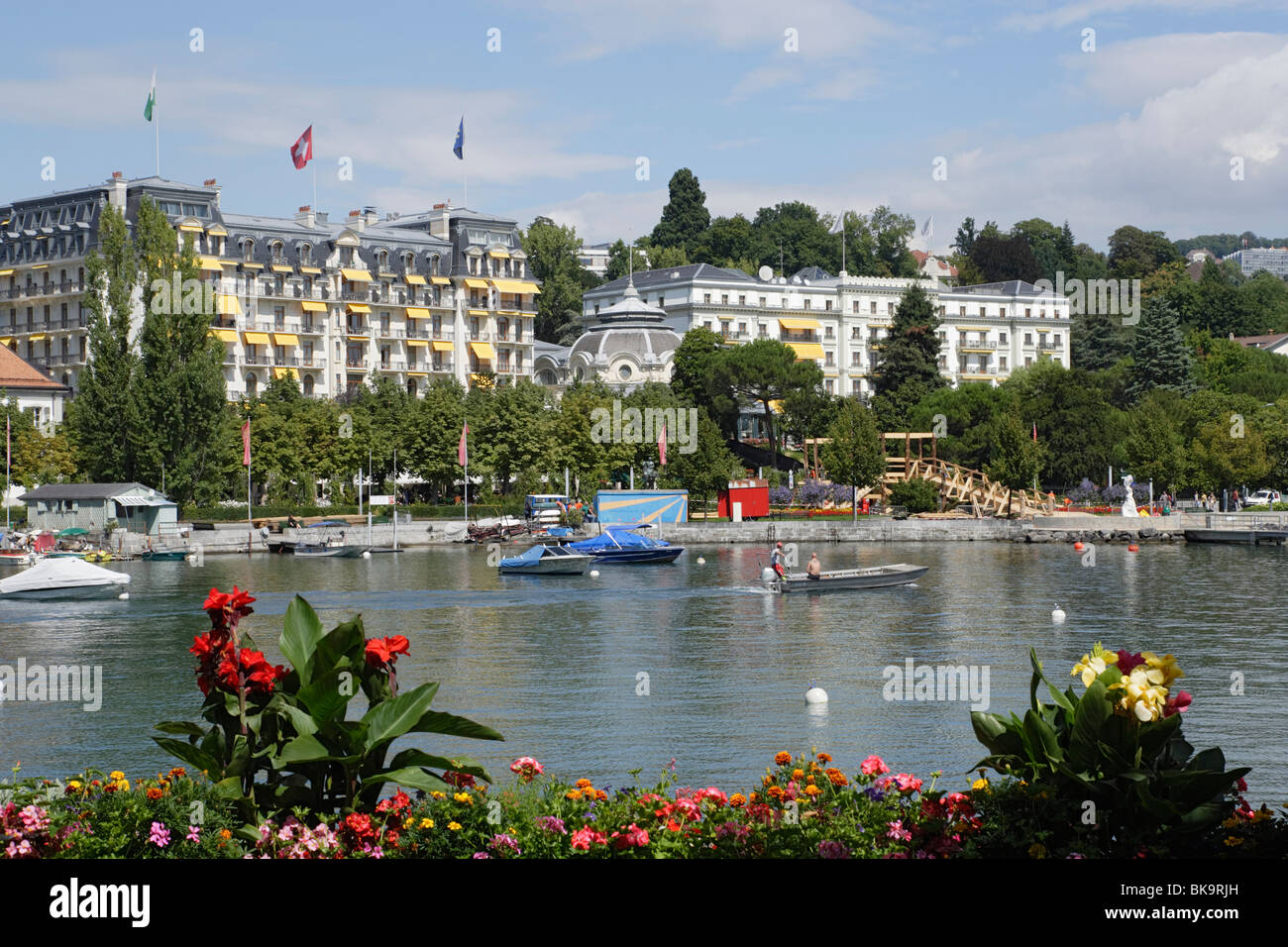 Vista sul lago di Ginevra al Beau-Rivage Palace Hotel, Losanna, nel Cantone di Vaud, Svizzera Foto Stock