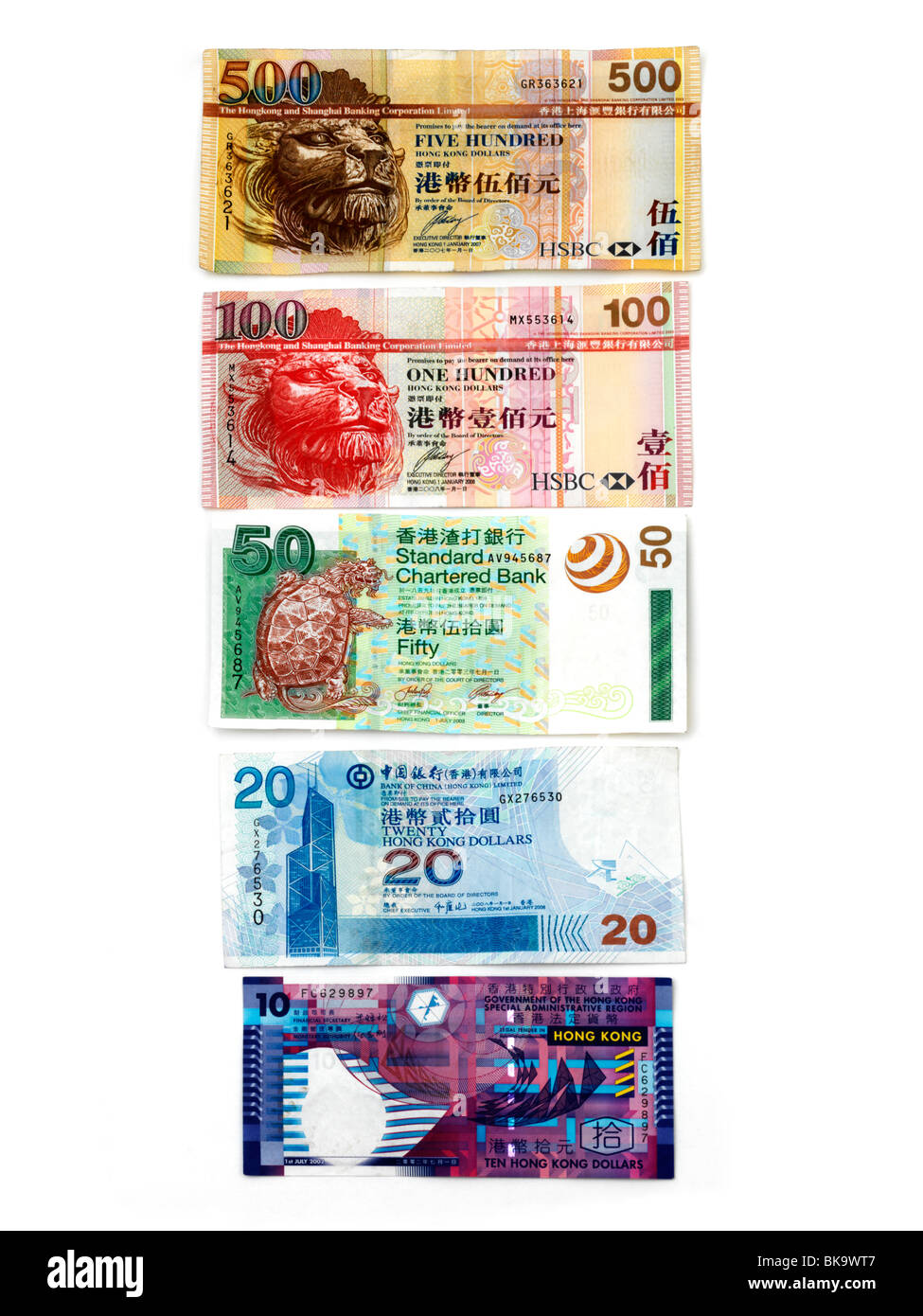 Hong Kong banconote 10, 20, 50, 100, 500 dollari Foto Stock