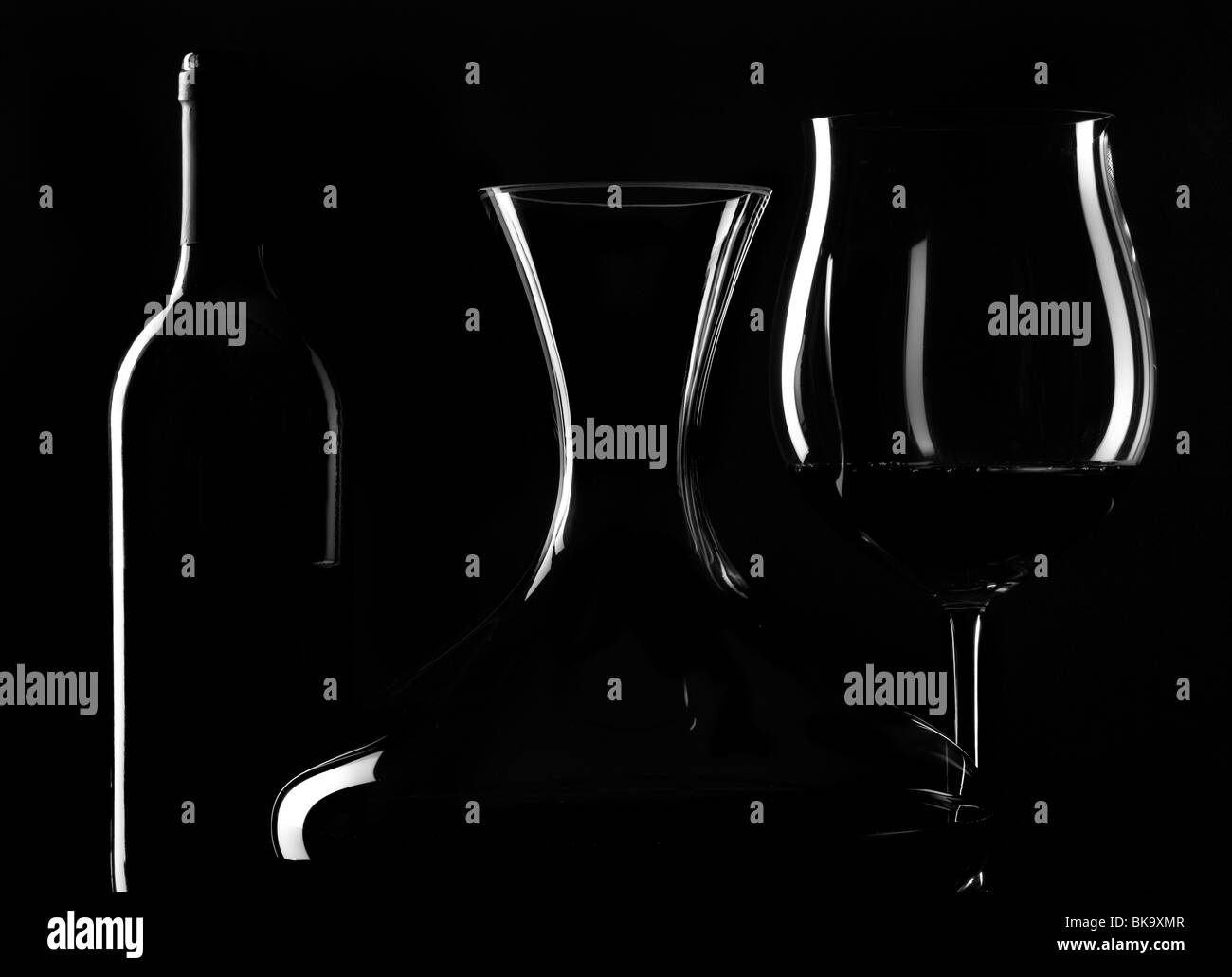 Bottiglia di vino, il vetro e il decanter Foto Stock