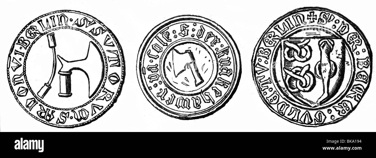 Artigianato / artigianato, Medioevo, gilde, sigillo di gilda, calzolai, macellai e fornai, Berlino, Germania, 1442, Foto Stock