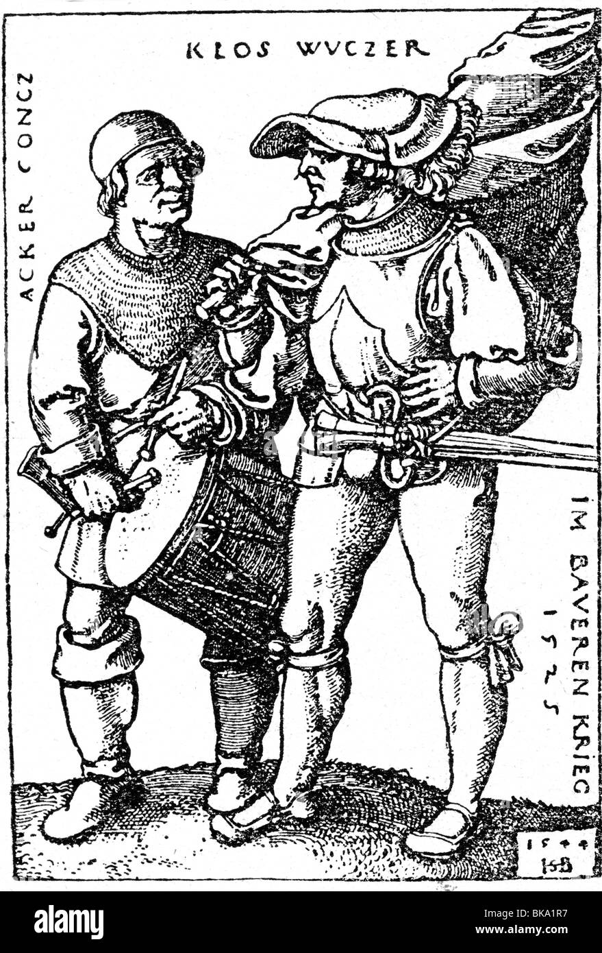 Eventi, Tedesco Guerra dei contadini, 1524 - 1526, 'Acker Concz und Klos Wuczer Baveren im Krieg 1525', incisione su rame di Hans Sebald Beham, 1544, artista del diritto d'autore non deve essere cancellata Foto Stock