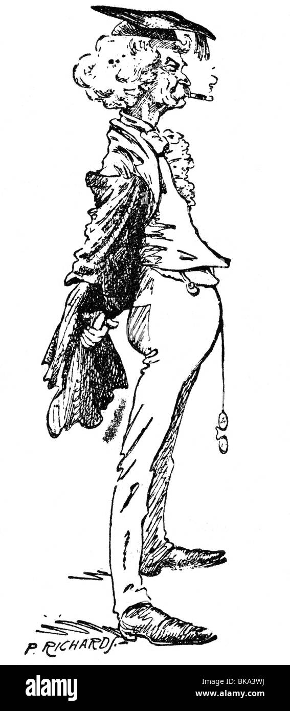 TWAIN, Mark, 30.11.1835 - 21.4.1910, autore/scrittore americano, umorista, caricatura, come medico onorario dell'Università di Oxford (1907), disegno di P. Richards, Foto Stock