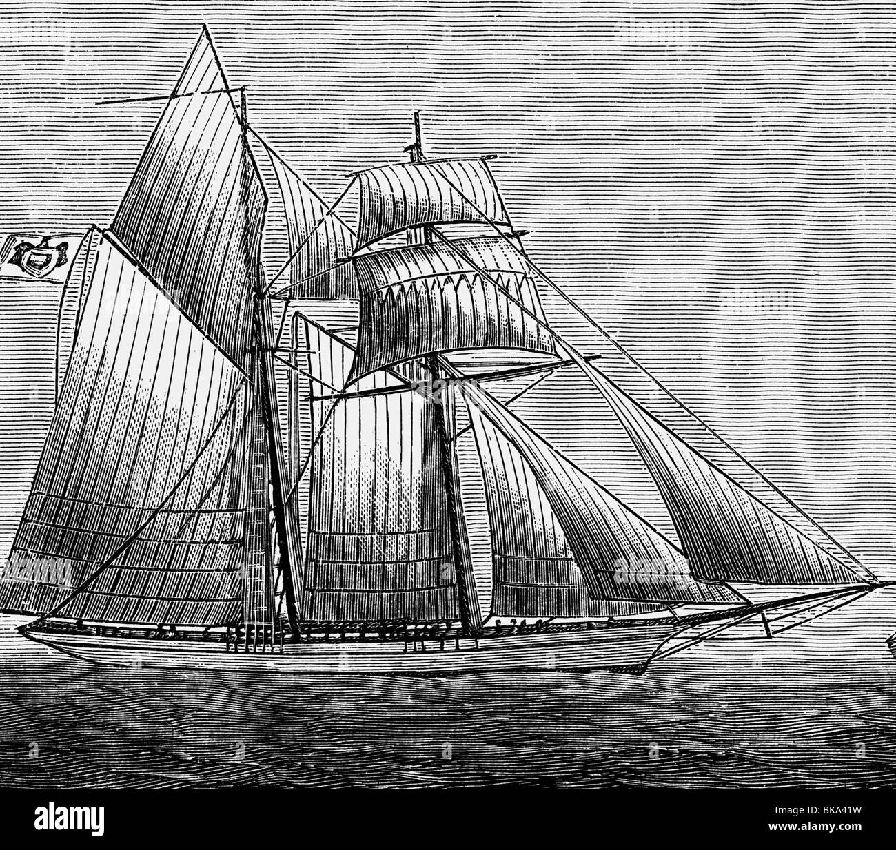 Trasporti / trasporto, navigazione, navi a vela, yacht 'Hirondelle', costruito da Camper e Nicholson, Gosport, Gran Bretagna, 1862, per il Principe Alberto i di Monaco, vista, incisione in legno, fine 19th secolo, , Foto Stock