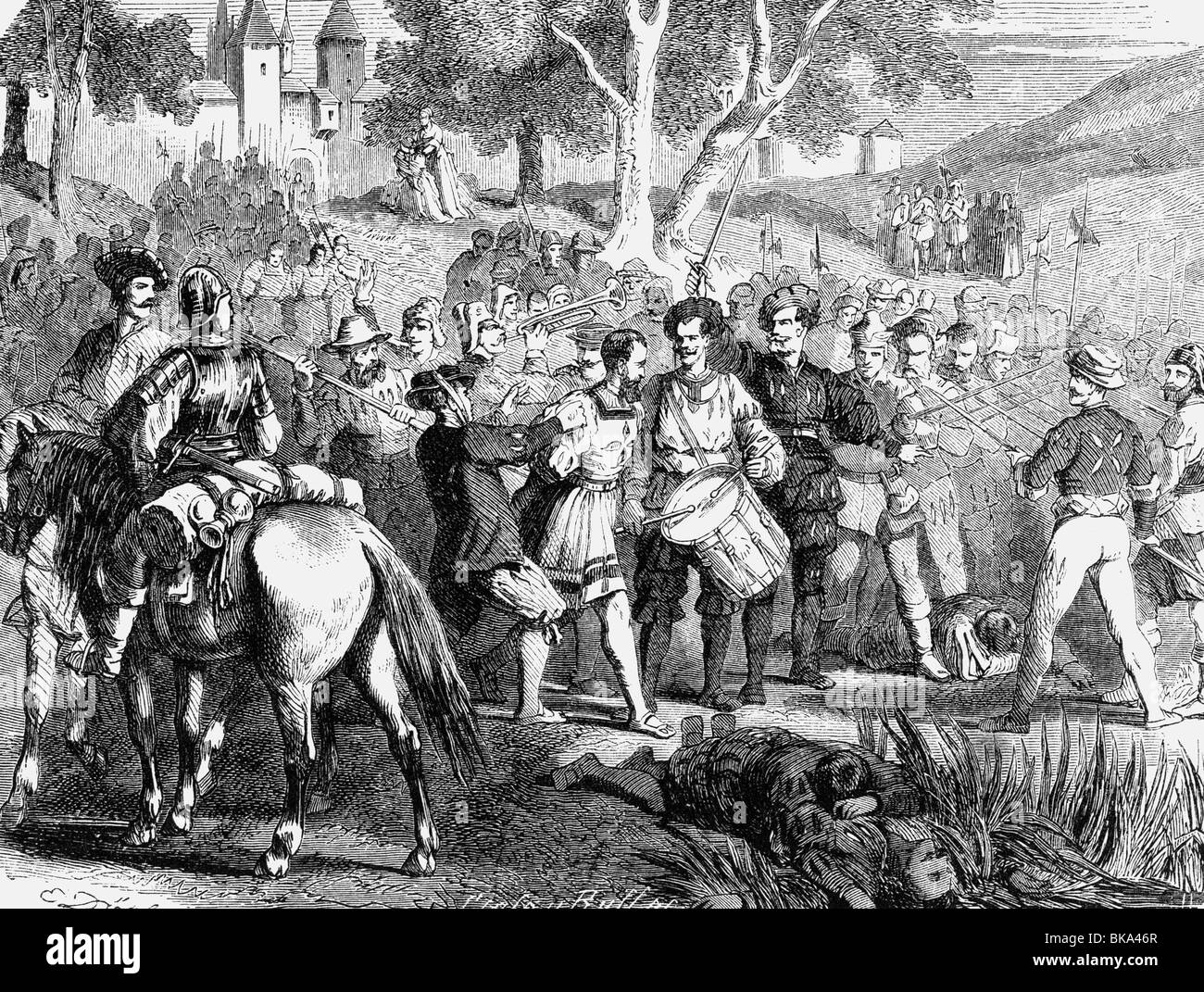 Eventi, guerra Dei Contadini tedeschi, 1524 - 1526, i landsknechts devono gestire il guanto a Landsberg, incisione in legno, 19th secolo, , Foto Stock
