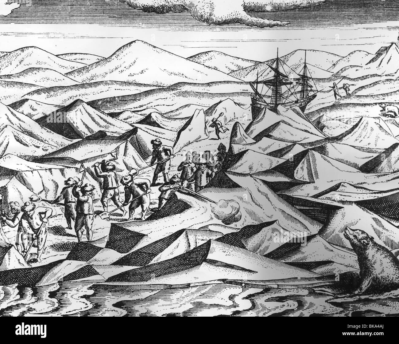 , Barentsz Willem, circa 1550 - 20.6.1597, navigatore olandese e explorer, lasciando inverno alloggio, contemporanea incisione su rame, artista del diritto d'autore non deve essere cancellata Foto Stock
