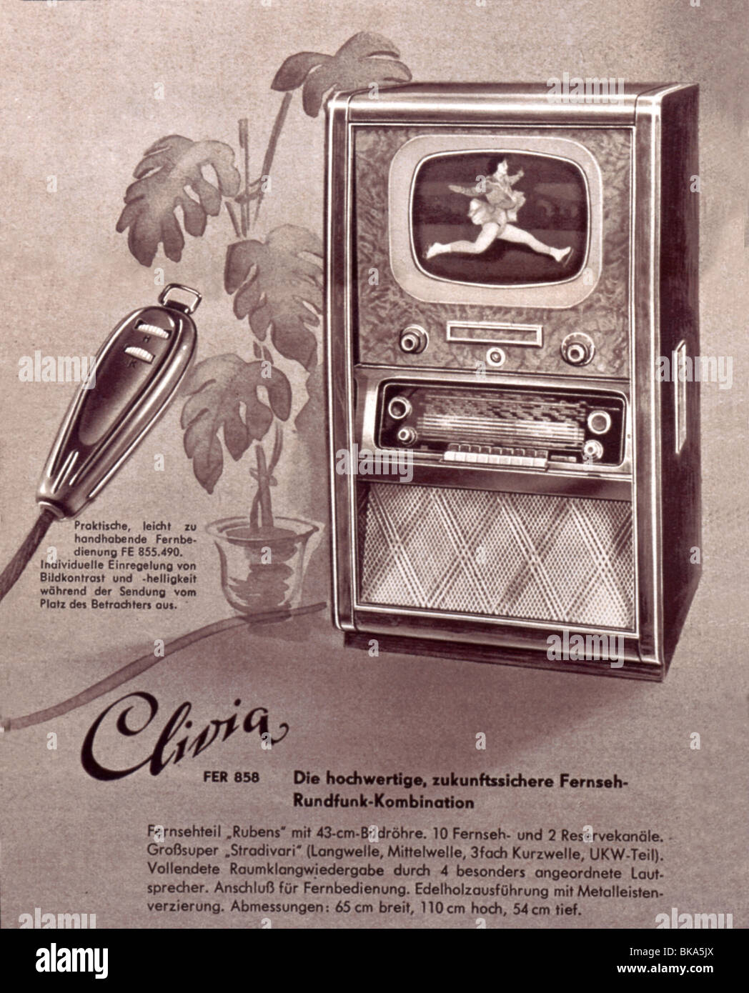Broadcast, radio, televisione, TV chest Clivia FER 858, produttore: VEB Sachsenwerk Radeberg, East-Germany, 1955/1956, 1950s, 50s, 20th secolo, storico, storico, Germania Est, Germania Est, GDR, DDR, televisore, televisore, televisore, televisore, televisori, televisori, radio Stradivari, telecomando, legni esotici, telaio, case, case Foto Stock