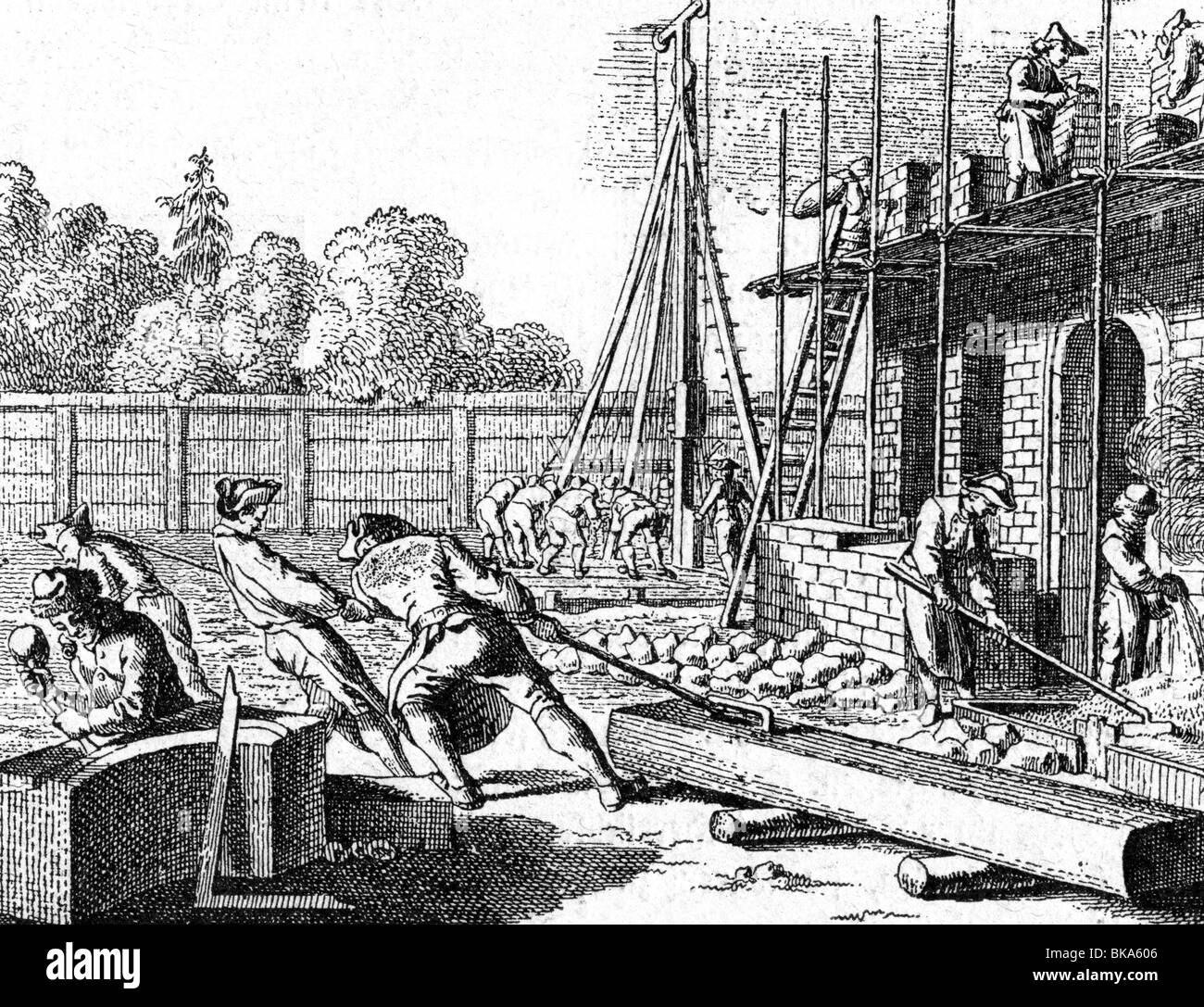 Architettura, lavori di costruzione, costruzione di una casa, incisione in rame di Schuster dopo Daniel Chodowiecki, Germania, 2nd mezzo 18th secolo, sito, lavoratori, persone, professioni, artigiani, storico, storico, Foto Stock