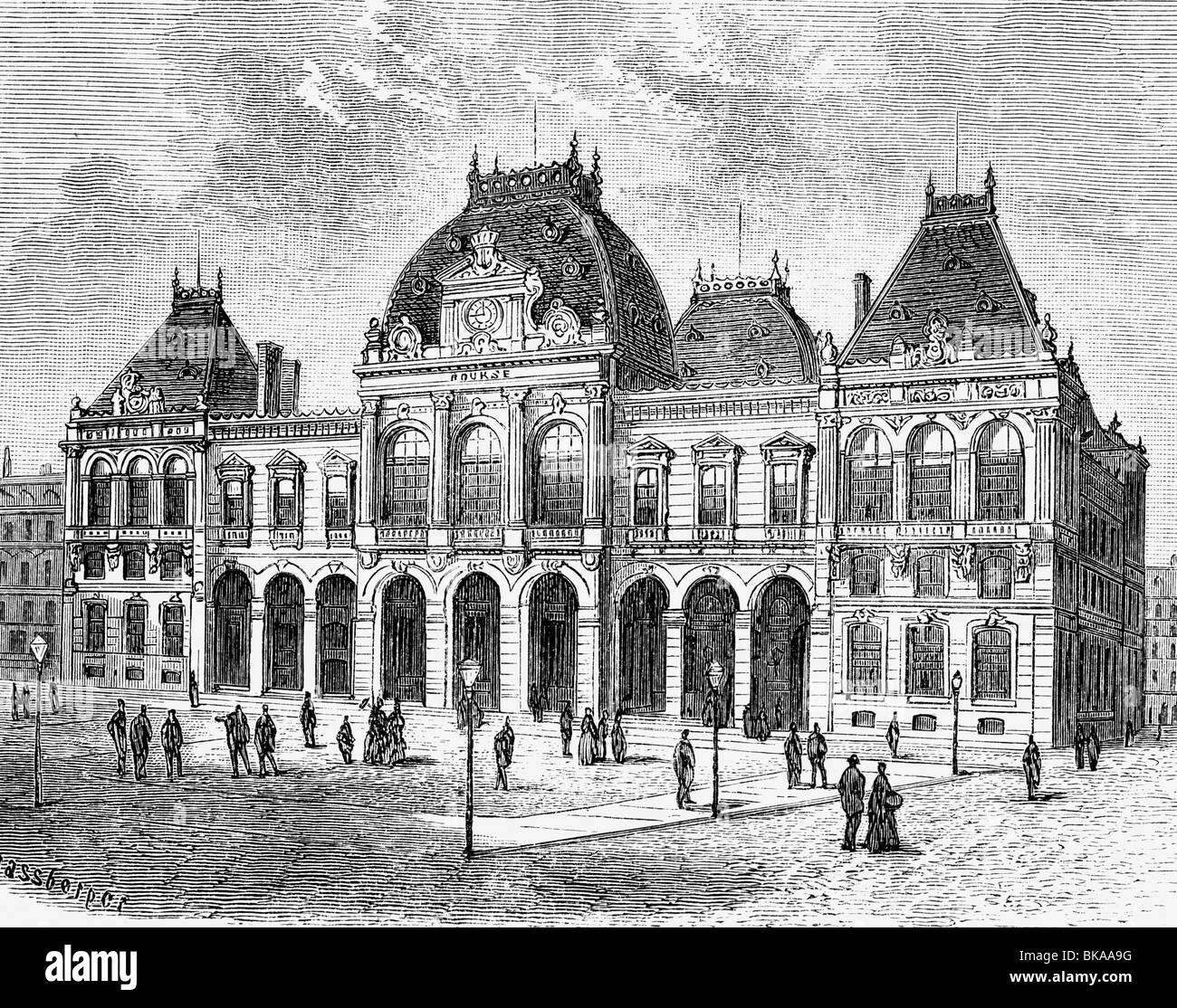 Geografia viaggio Francia le Havre borsa valori costruito 1880 vista esterna incisione del legno circa 1885 Normandia denaro finanza commercio capitalismo architettura Europa 19th secolo storico stori...