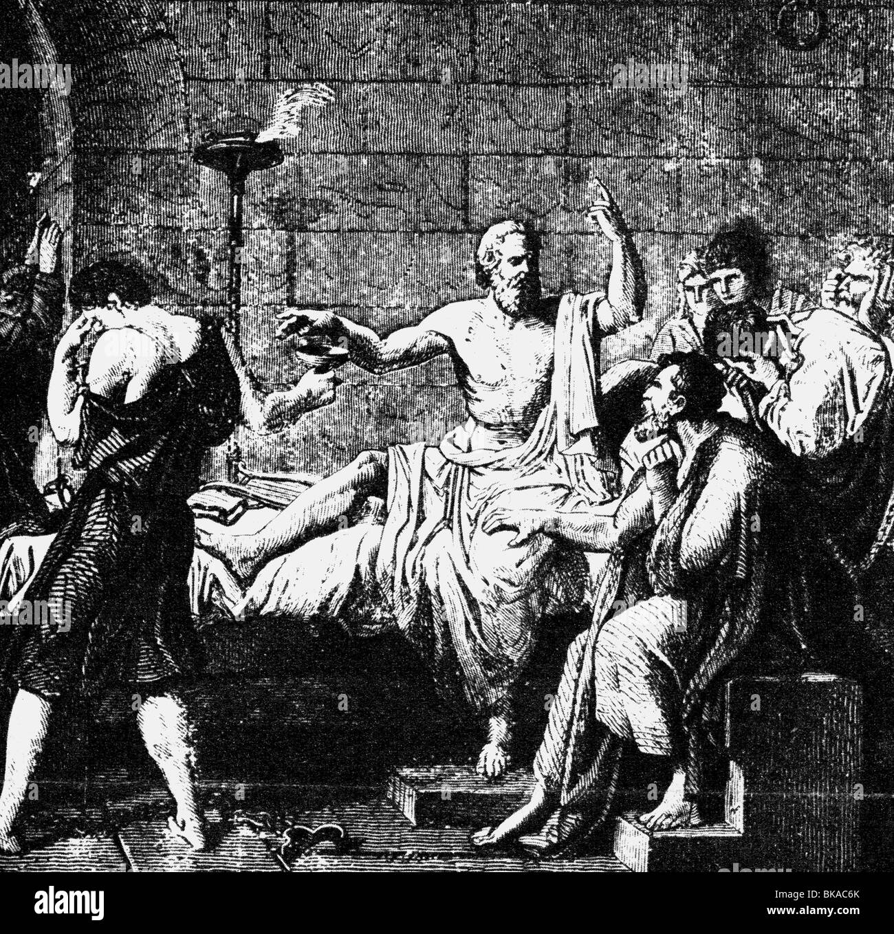 Socrate, 469 - 399 a.C., filosofo greco, morte, portando la coppa con conio, incisione in legno, 19th secolo, , Foto Stock