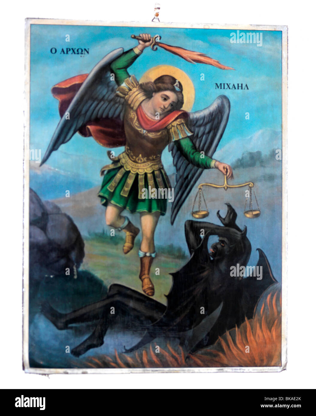 Arachova Attica Grecia Icona di San Michele Arcangelo che uccide Satana Chiesa di fronte Xani Toy Zemenoy Taverna Foto Stock