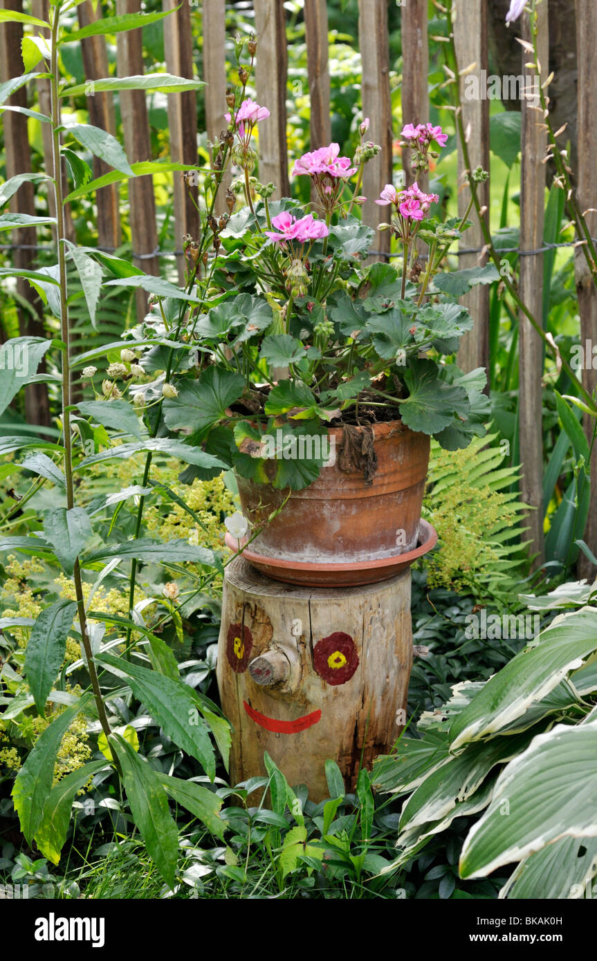 Pelargonium (pelargonium) su un ceppo di albero con una faccia dipinta. design: jutta wahren Foto Stock