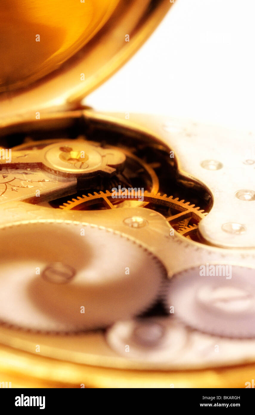 Close-up di movimento interiore di un orologio da tasca. Foto Stock