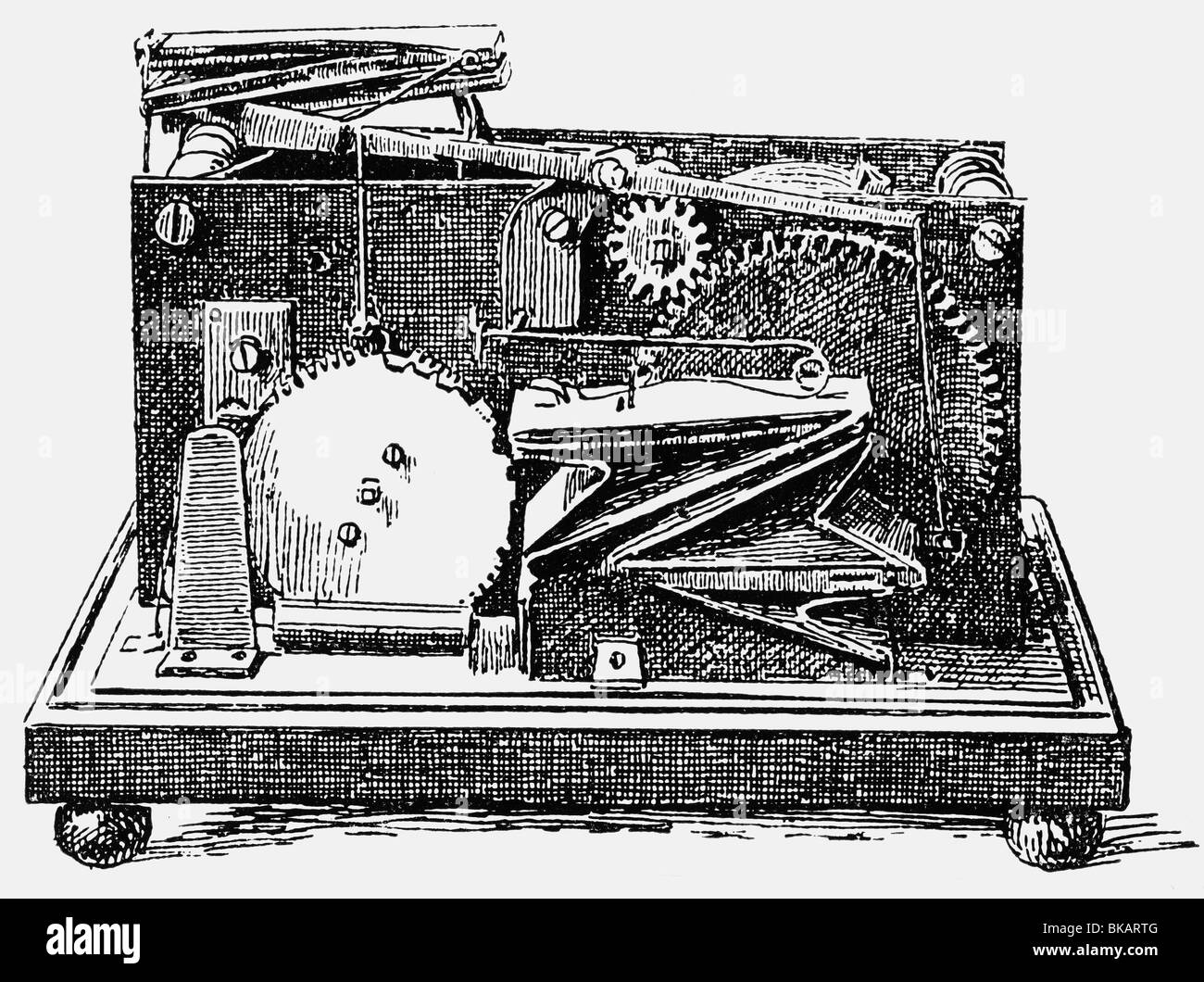 Technics, meccanica, meccanismo di un songbird in un automaet di Jacques de Vaucanson, 18th secolo, storico, storico, animale meccanico, songbird, canto uccello, songbirds, canto uccelli, ruota, ruote, ruota dentata, ruota dentata, ruote dentate, motore, motore, motori, motori, macchinari, macchina, automatico, sistema meccanico, gadget, gadget, widget, widget, dispositivo, dispositivi, dispositivo fisico, apparecchio apparecchiature, Foto Stock