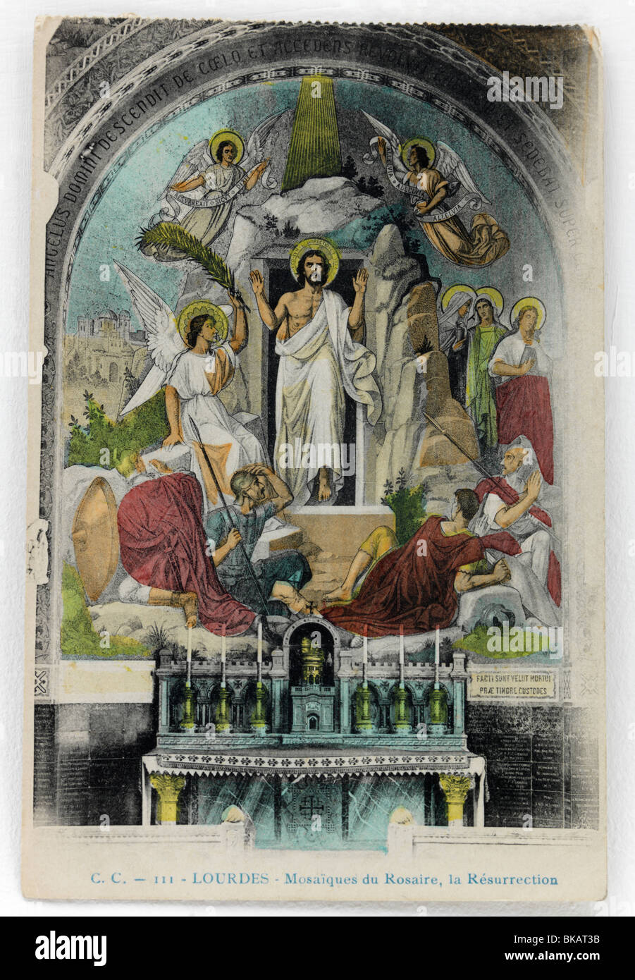 Cartolina da Lourdes Francia circa 1900 mostra la risurrezione dalla Basilica del Rosario Foto Stock