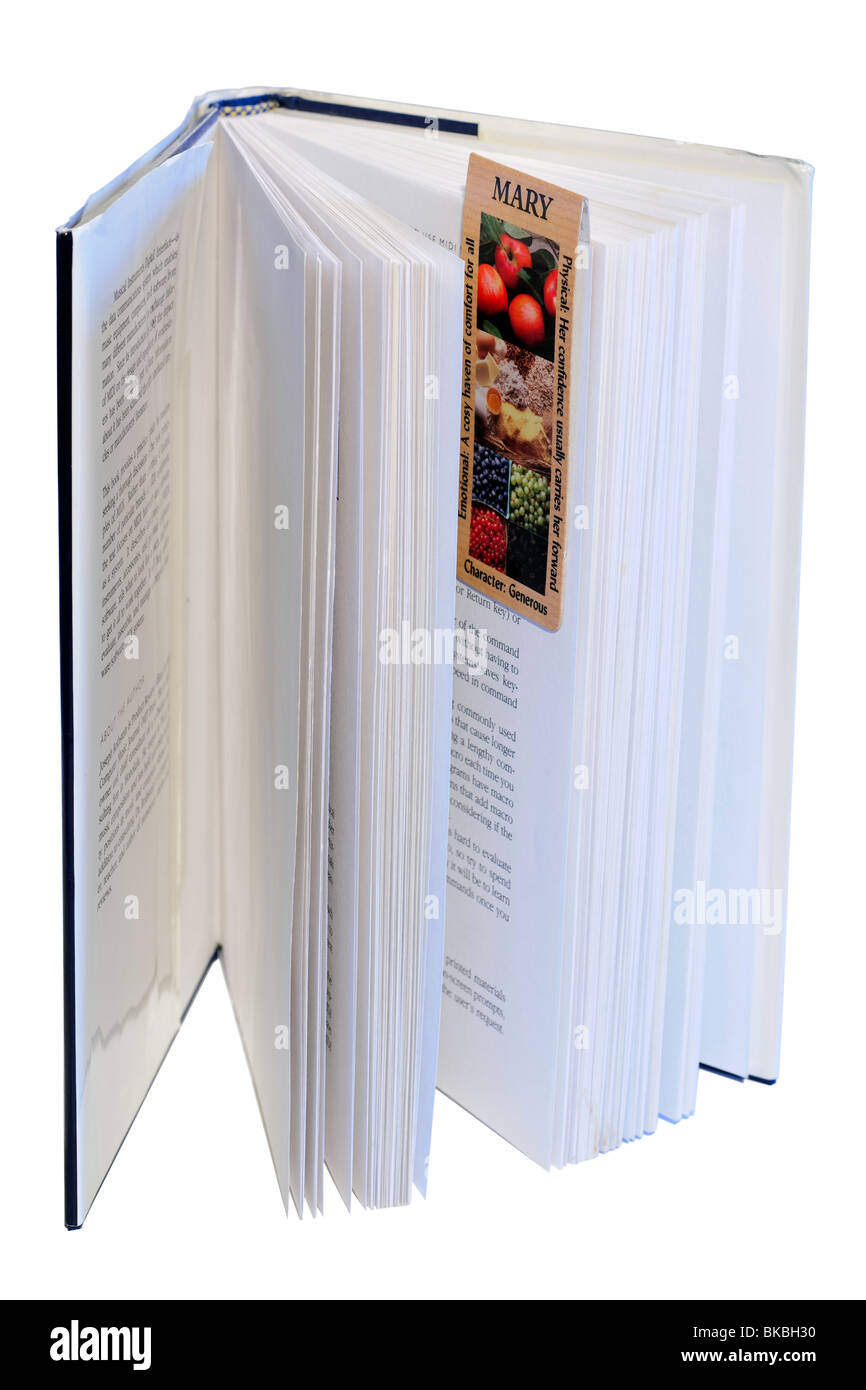 Libro aperto con segnalibro magnetico collegato Foto Stock