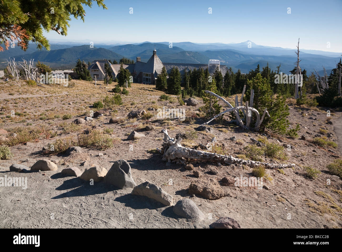 Timberline Lodge dal Pacific Crest Trail - Mount Jefferson in background - Monte Cofano, Oregon Foto Stock